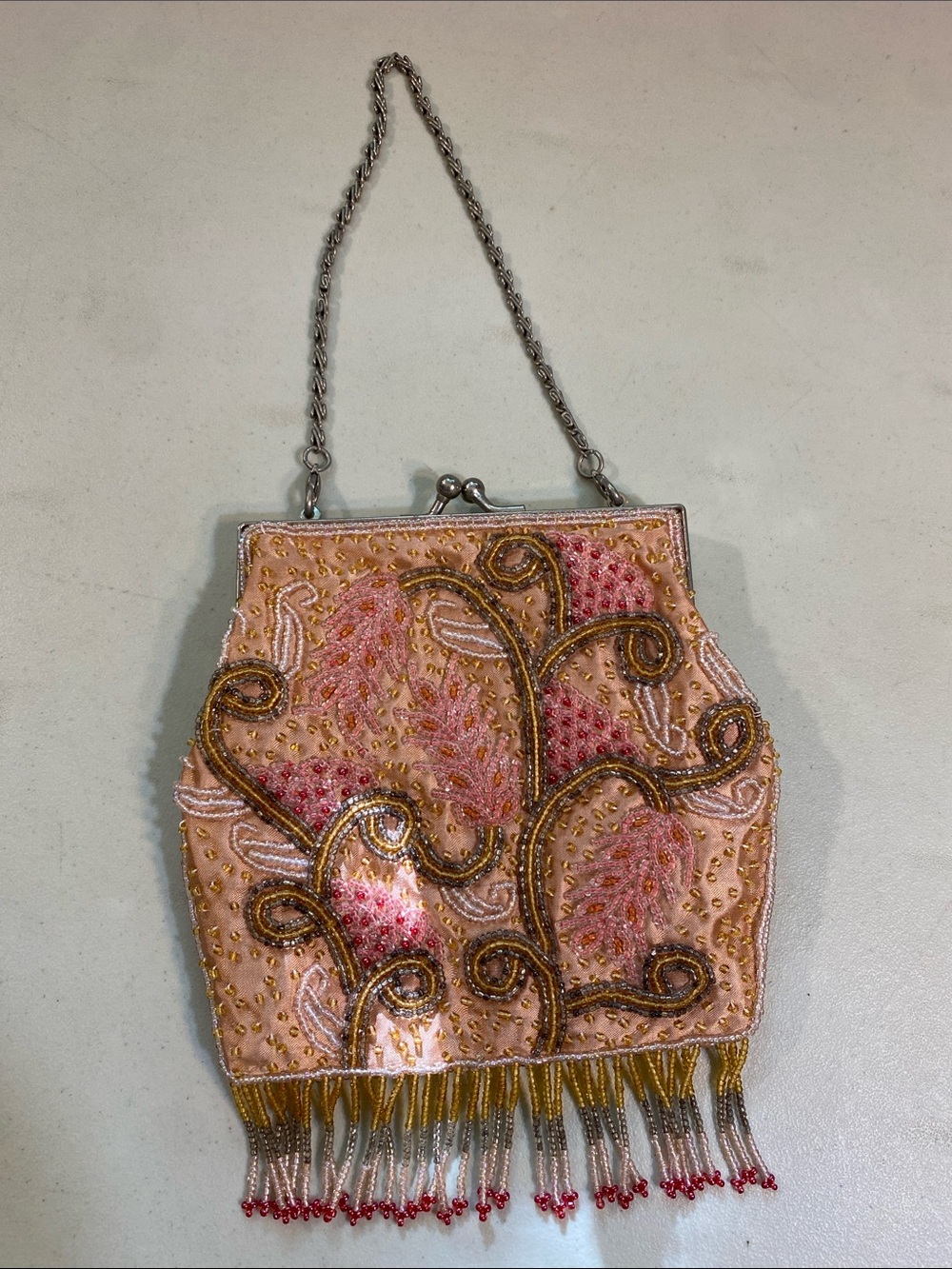 Embroidered Pink Beaded Evening Clutch with Fringe
